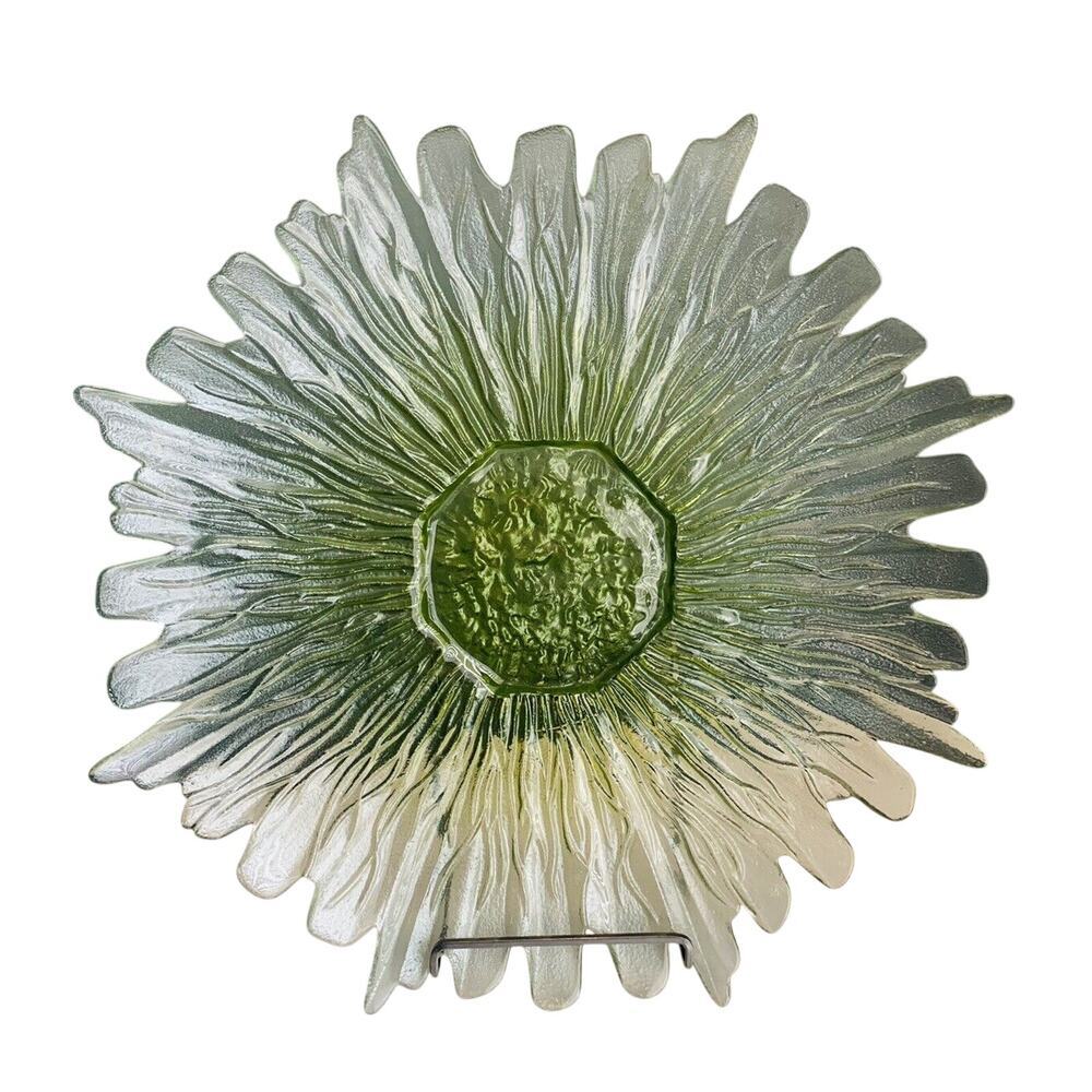 17” Green Sunflower Platter Hand Blown Art Glass Large Serving Tray Heavy Flower
